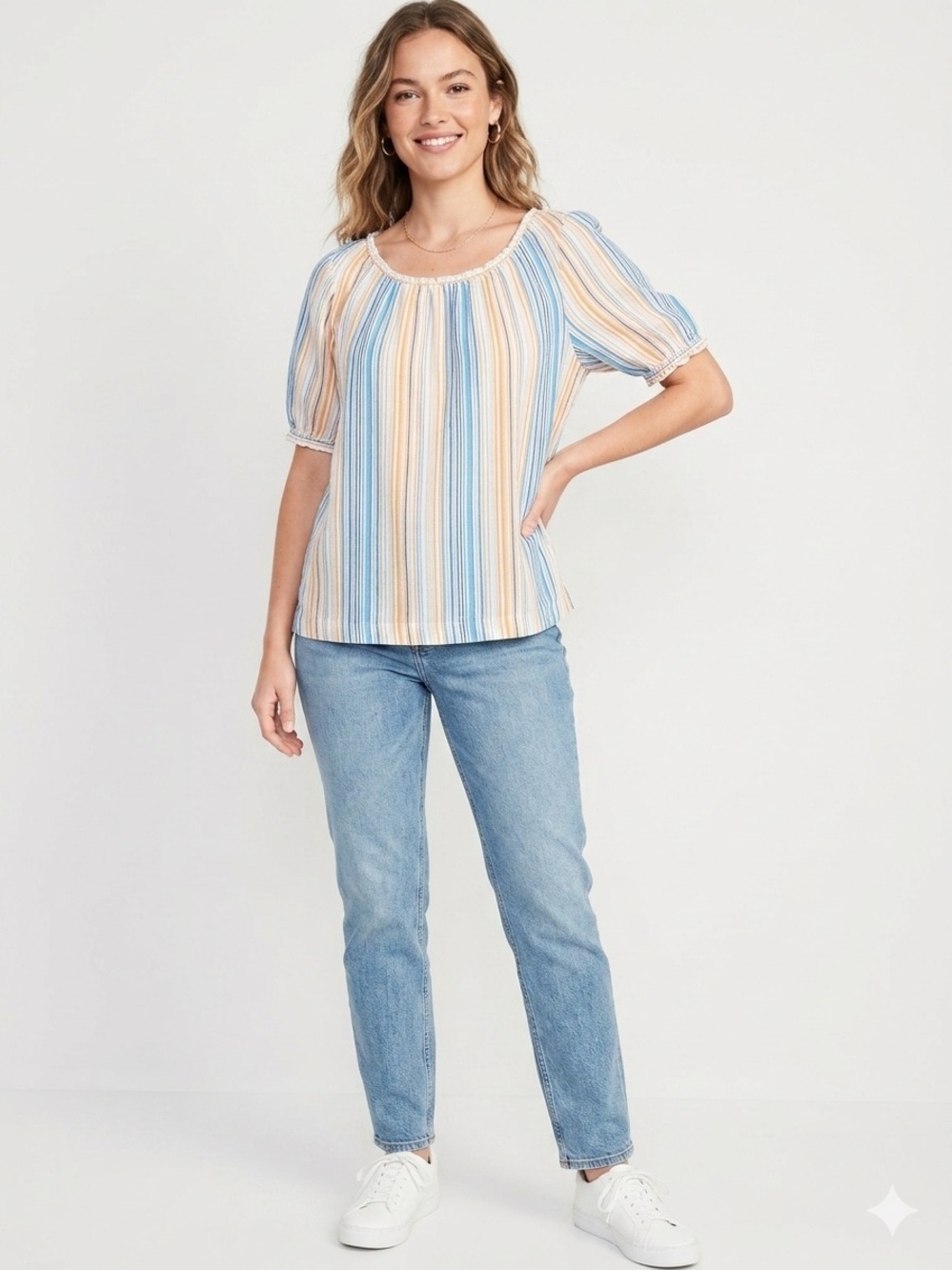 Jillian N NWOT Linen Blend Striped Blue and Yellow Women's Peasant Top